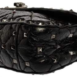 Pre Owned Valentino Black Quilted Soft Crackle Leather Small Rockstud Spike Shoulder Bag
