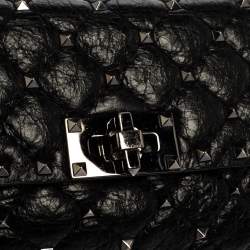 Pre Owned Valentino Black Quilted Soft Crackle Leather Small Rockstud Spike Shoulder Bag