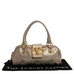 Pre Owned Valentino Light Gold Textured Leather Embellished VLogo Satchel