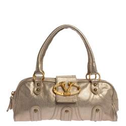 Pre Owned Valentino Light Gold Textured Leather Embellished VLogo Satchel