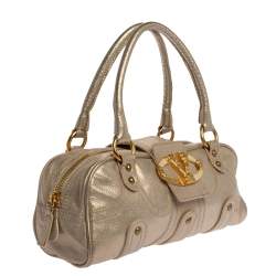 Pre Owned Valentino Light Gold Textured Leather Embellished VLogo Satchel