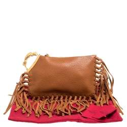 Pre Owned حقيبة كلتش فالنتينو سي روكي جلد بني بشراشيب