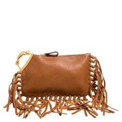 Pre Owned حقيبة كلتش فالنتينو سي روكي جلد بني بشراشيب