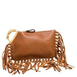 Pre Owned حقيبة كلتش فالنتينو سي روكي جلد بني بشراشيب