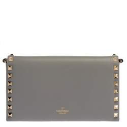 مملوكة مسبقًا Valentino Pale Blue Leather Rockstud Wallet on Chain