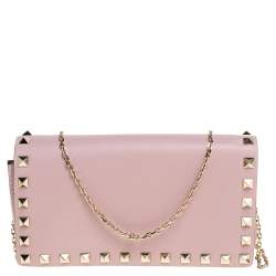 Pre Owned Valentino Pink Leather Rockstud Flap Chain Clutch