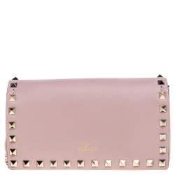 Pre Owned Valentino Pink Leather Rockstud Flap Chain Clutch