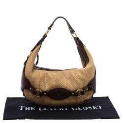 Pre Owned حقيبة يد فالنتينو بني داكن / بيج رافيا وجلد شعار حرف في منقوش 