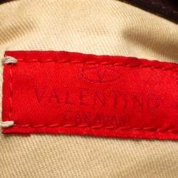 Pre Owned حقيبة يد فالنتينو بني داكن / بيج رافيا وجلد شعار حرف في منقوش 