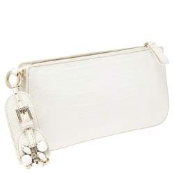 Pre Owned Valentino White Croc Embossed Leather Crystal Embellished Wristlet Clutch