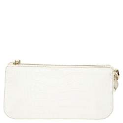 Pre Owned Valentino White Croc Embossed Leather Crystal Embellished Wristlet Clutch