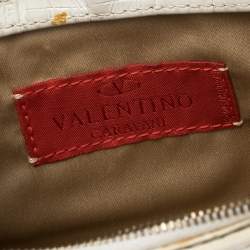 Pre Owned Valentino White Croc Embossed Leather Crystal Embellished Wristlet Clutch