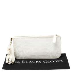 Pre Owned Valentino White Croc Embossed Leather Crystal Embellished Wristlet Clutch
