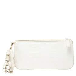 Pre Owned Valentino White Croc Embossed Leather Crystal Embellished Wristlet Clutch