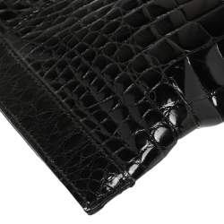 Pre Owned Valentino Black Croc Embossed Patent Leather Crystal Embellished Wristlet Clutch