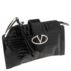 Pre Owned Valentino Black Croc Embossed Patent Leather Crystal Embellished Wristlet Clutch