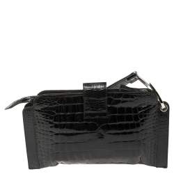 Pre Owned Valentino Black Croc Embossed Patent Leather Crystal Embellished Wristlet Clutch