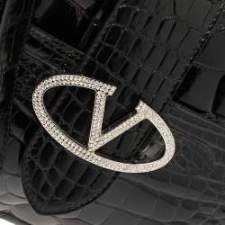 Pre Owned Valentino Black Croc Embossed Patent Leather Crystal Embellished Wristlet Clutch