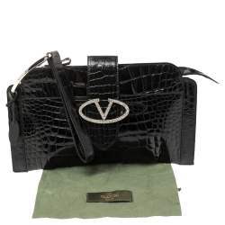 Pre Owned Valentino Black Croc Embossed Patent Leather Crystal Embellished Wristlet Clutch