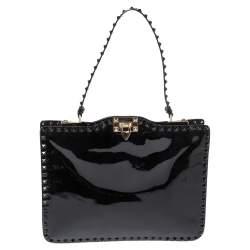 Pre Owned Valentino Black Patent Leather Rockstud Top Handle Bag