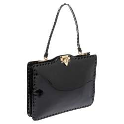 Pre Owned Valentino Black Patent Leather Rockstud Top Handle Bag