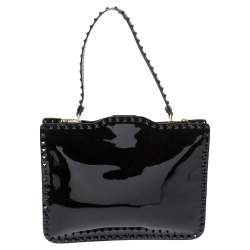 Pre Owned Valentino Black Patent Leather Rockstud Top Handle Bag
