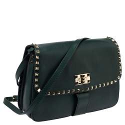 Pre Owned Valentino Green Leather Medium Rockstud Flap Shoulder Bag