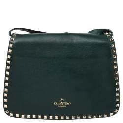 Pre Owned Valentino Green Leather Medium Rockstud Flap Shoulder Bag
