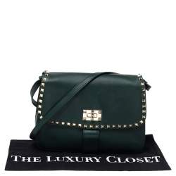 Pre Owned Valentino Green Leather Medium Rockstud Flap Shoulder Bag