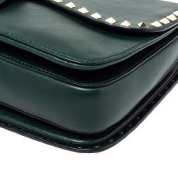 Pre Owned Valentino Green Leather Medium Rockstud Flap Shoulder Bag