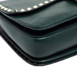 Pre Owned Valentino Green Leather Medium Rockstud Flap Shoulder Bag