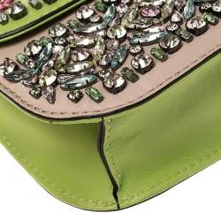 Valentino Green/Beige Leather Small Crystal, Beaded Embellished Rockstud Glam Lock Flap Bag