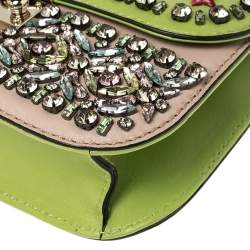 Valentino Green/Beige Leather Small Crystal, Beaded Embellished Rockstud Glam Lock Flap Bag