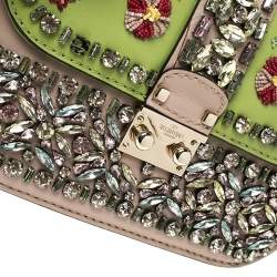 Valentino Green/Beige Leather Small Crystal, Beaded Embellished Rockstud Glam Lock Flap Bag