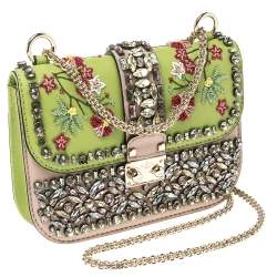 Valentino Green/Beige Leather Small Crystal, Beaded Embellished Rockstud Glam Lock Flap Bag