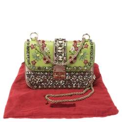 Valentino Green/Beige Leather Small Crystal, Beaded Embellished Rockstud Glam Lock Flap Bag