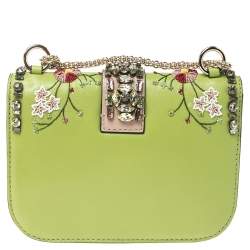 Valentino Green/Beige Leather Small Crystal, Beaded Embellished Rockstud Glam Lock Flap Bag