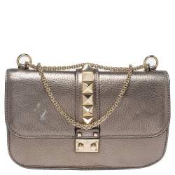 Pre Owned Valentino Metallic Grained Leather Medium Glam Lock Flap Bag