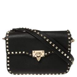Pre Owned Valentino Black Leather Rockstud Flap Shoulder Bag