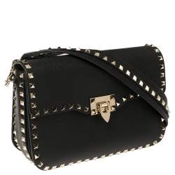 Pre Owned Valentino Black Leather Rockstud Flap Shoulder Bag