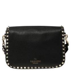 Pre Owned Valentino Black Leather Rockstud Flap Shoulder Bag