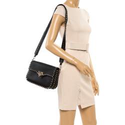 Pre Owned Valentino Black Leather Rockstud Flap Shoulder Bag
