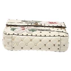 Pre Owned Valentino Off White Quilted Leather Medium Hibiscus Embroidery Rockstud Spike Shoulder Bag