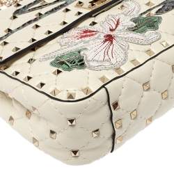 Pre Owned Valentino Off White Quilted Leather Medium Hibiscus Embroidery Rockstud Spike Shoulder Bag