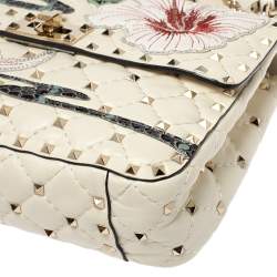 Pre Owned Valentino Off White Quilted Leather Medium Hibiscus Embroidery Rockstud Spike Shoulder Bag