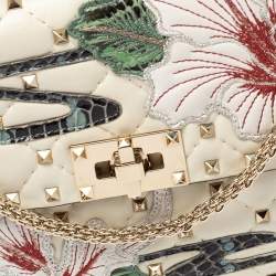 Pre Owned Valentino Off White Quilted Leather Medium Hibiscus Embroidery Rockstud Spike Shoulder Bag