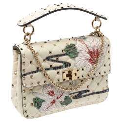Pre Owned Valentino Off White Quilted Leather Medium Hibiscus Embroidery Rockstud Spike Shoulder Bag