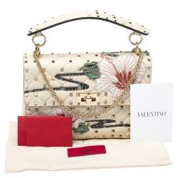 Pre Owned Valentino Off White Quilted Leather Medium Hibiscus Embroidery Rockstud Spike Shoulder Bag