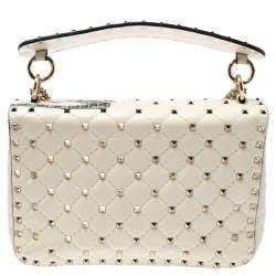 Pre Owned Valentino Off White Quilted Leather Medium Hibiscus Embroidery Rockstud Spike Shoulder Bag