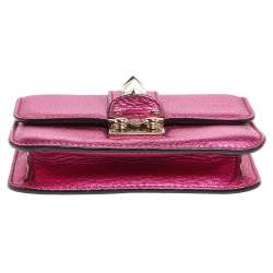 Pre Owned Valentino Metallic Pink Leather Mini Rockstud Lock Flap Crossbody Bag